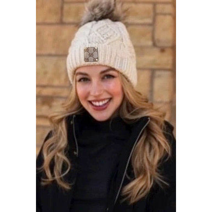 Upcycled GG Cream/Tan Pom Cable Knit Beanie