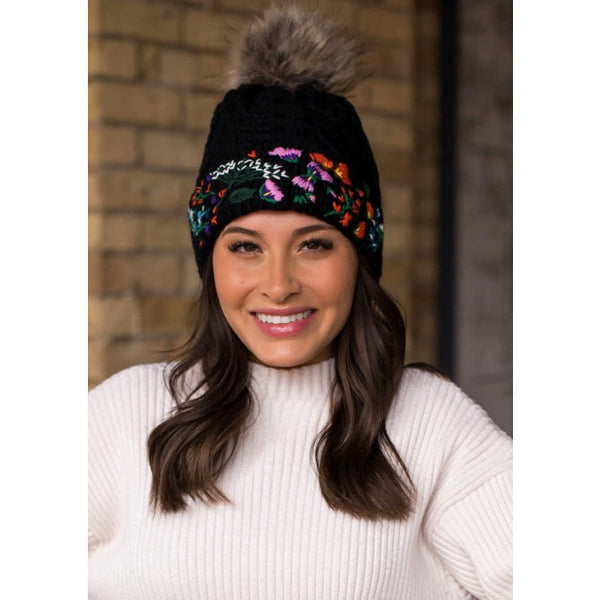 Embroidered Floral Beanie- Black