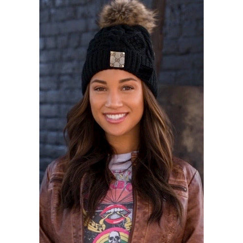 Upcycled GG Black/Tan Pom Beanie