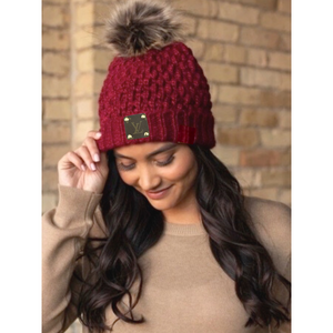 Upcycled Deep Berry/ Tan Pom Beanie