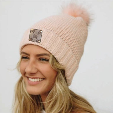 Blush Upcycled GG Knit Beanie with Sherpa Lining