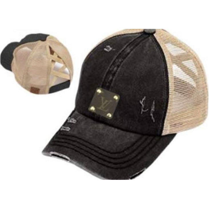 Black/Beige Upcycled Distressed Baseball Hat