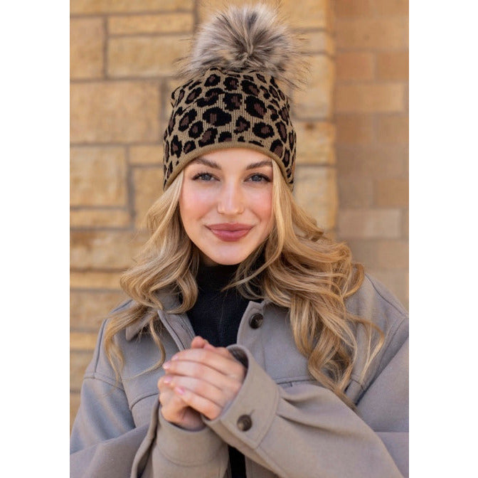 Knit Leopard Beanie- Tan Pom