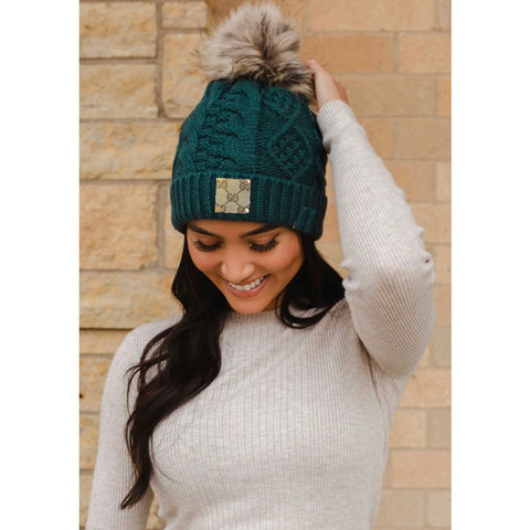 Upcycled GG Deep Teal/Tan Pom Beanie