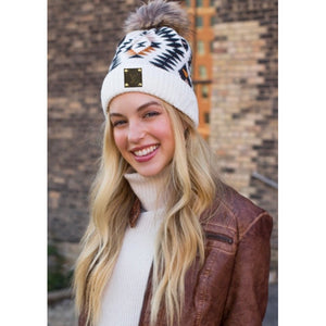 Upcycled White Tribal Pattern/Tan Pom Beanie