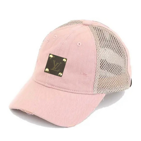 Blush Upcycled Ponytail Baseball Hat- PREORDER SHIPS 9/1/22