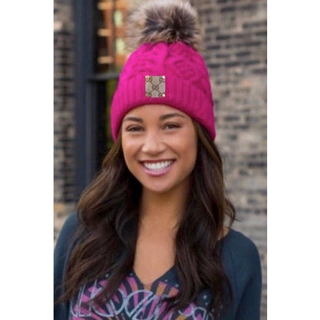 Upcycled GG Fuchsia/Tan Pom Beanie