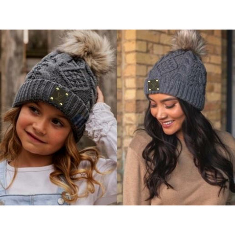 Upcycled Mommy & Me Cable Knit Grey/Tan Pom Beanie