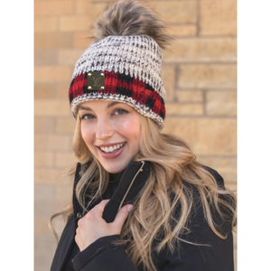 Upcycled Marled Black & White with Red Buffalo Plaid Stripe Beanie