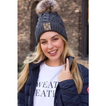 Upcycled GG Dark Grey/Tan Pom Beanie