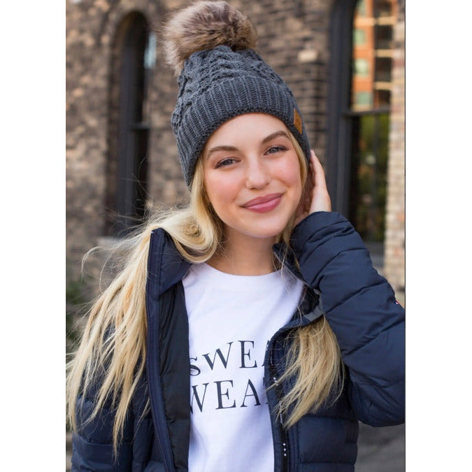 Dark Grey Beanie- Tan Pom