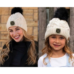 Upcycled Mommy & Me Cable Knit Cream/Black Pom Beanie Set