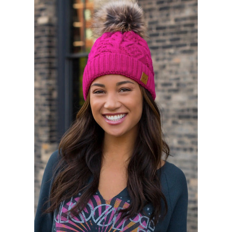 Fuchsia Beanie- Tan Pom