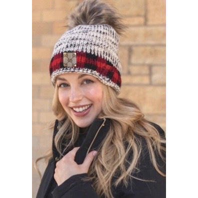 Upcycled GG Marled Black & White with Red Buffalo Plaid Stripe Beanie