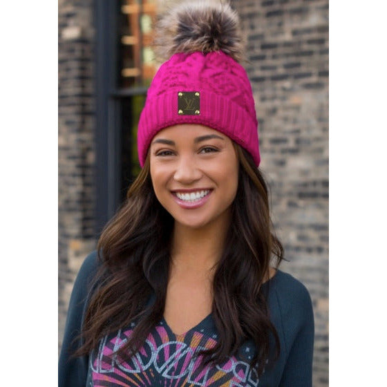 Upcycled Fuchsia/Tan Pom Beanie