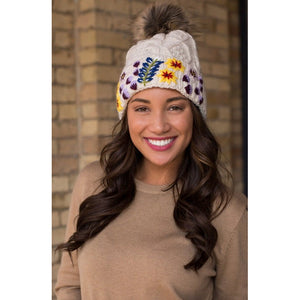 Embroidered Floral Beanie- Cream