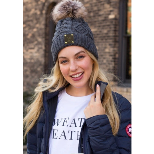 Upcycled Dark Grey/Tan Pom Beanie