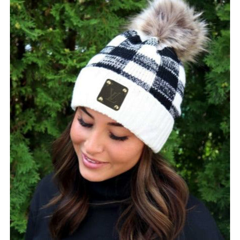 Upcycled White Buffalo Plaid Beanie