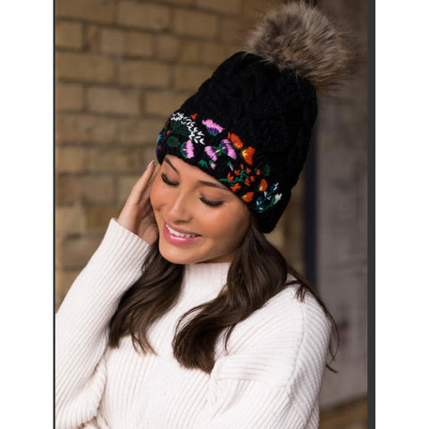 Embroidered Floral Beanie- Black
