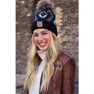 Upcycled GG Black Tribal/Tan Pom Beanie