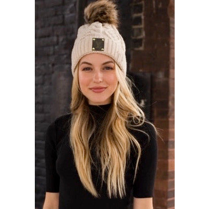 Upcycled Cream/Tan Pom Cable Knit Beanie