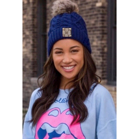 Upcycled GG Deep Royal Blue/Tan Pom Beanie