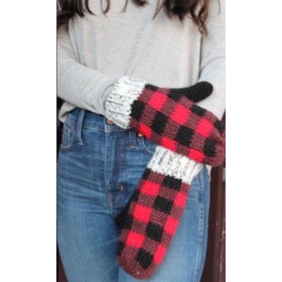 Upcycled GG Marled Black & White with Red Buffalo Plaid Stripe Beanie
