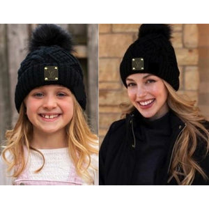 Upcycled Mommy & Me Cable Knit Black/Black Pom Beanie Set
