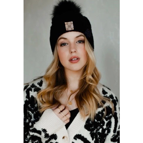 Upcycled GG Black/Black Pom Cable Knit Beanie