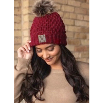 Upcycled GG Deep Berry/ Tan Pom Beanie