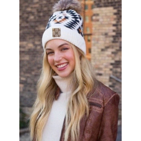 Upcycled GG White Tribal/Tan Pom Beanie
