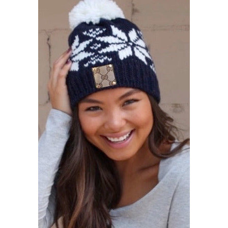 Upcycled GG Navy Knit Beanie with White Snowflakes