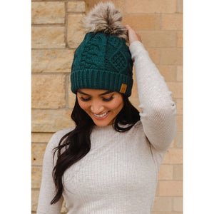 Deep Teal Beanie- Tan Pom