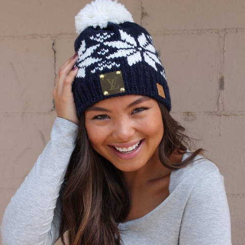 Upcycled Navy Knit Beanie with White Snowflakes - Camille Bryanne