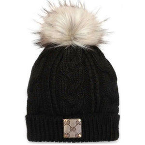 Upcycled GG Black/Tan Pom Beanie with Sherpa Lining