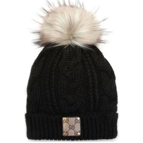 Upcycled GG Black/Tan Pom Beanie with Sherpa Lining