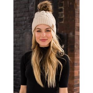 Cream Beanie- Tan Pom