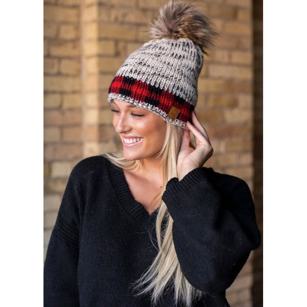 Marled Black & White with Red Buffalo Plaid Stripe Beanie