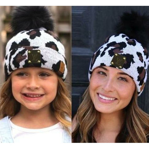 Upcycled Mommy & Me Snow Leopard Beanie Set