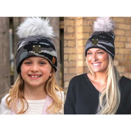 Upcycled Mommy & Me Grey Camo Pom Beanie Set