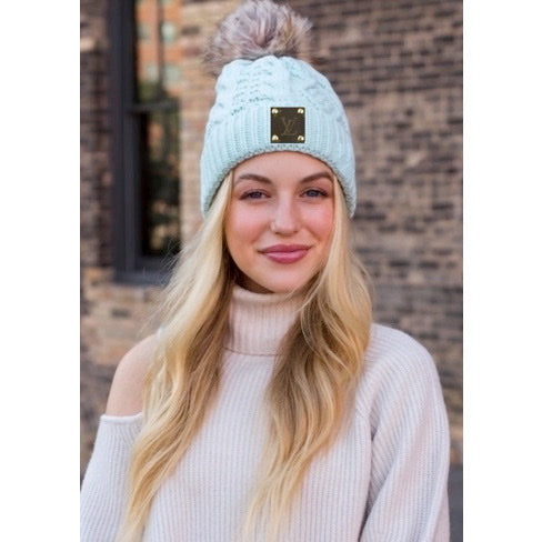 Upcycled Mint/Tan Pom Beanie