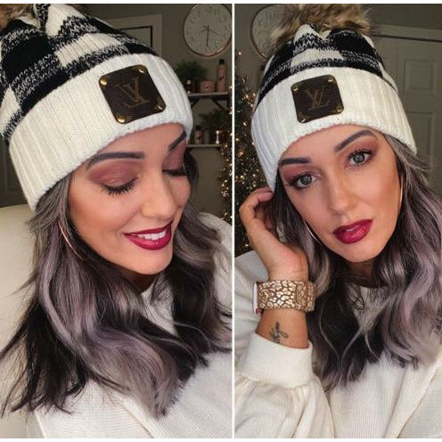 Upcycled White Buffalo Plaid Beanie