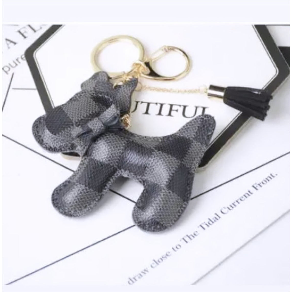 Dog Checkered Key Chain- Charcoal