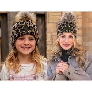 Upcycled Mommy & Me Leopard Beanie Set
