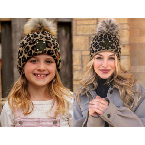 Upcycled Mommy & Me Leopard Beanie Set