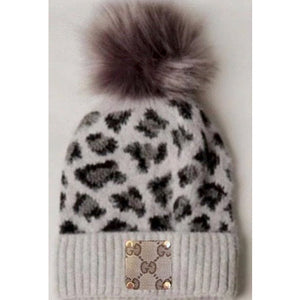 Upcycled LV Leopard Print Beanie with Pom Pom