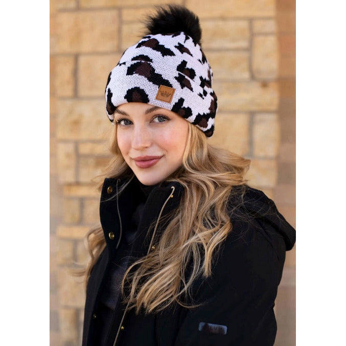 White Snow Leopard Print Beanie- Black Pom