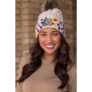 Upcycled GG Cream Embroidered Floral /Tan Pom Beanie