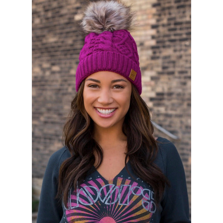 Magenta Beanie- Tan Pom