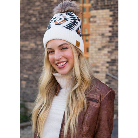 White Tribal/Tan Pom Beanie